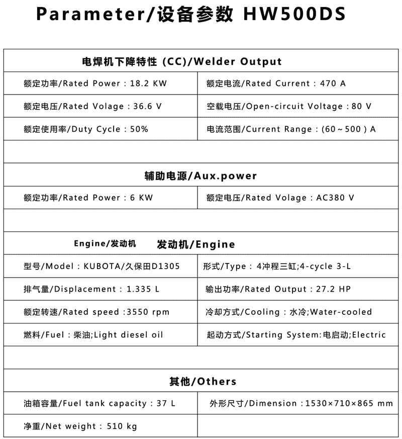 HW500DS 产品参数